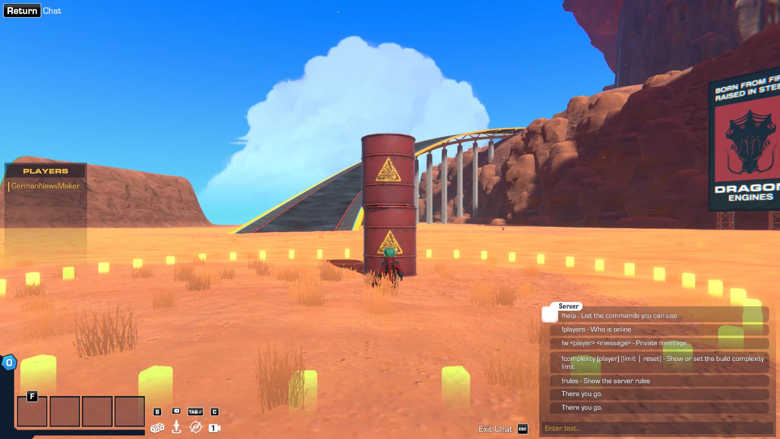 A player standing in front of two stacked explosive barrels in the desert